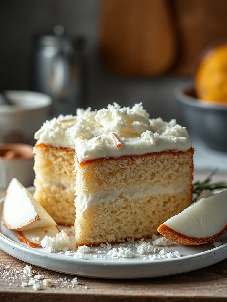 ingredientes separados sobre uma bancada clara com ovos, leite condensado, leite de coco, coco ralado, farinha, açúcar e uma forma retangular