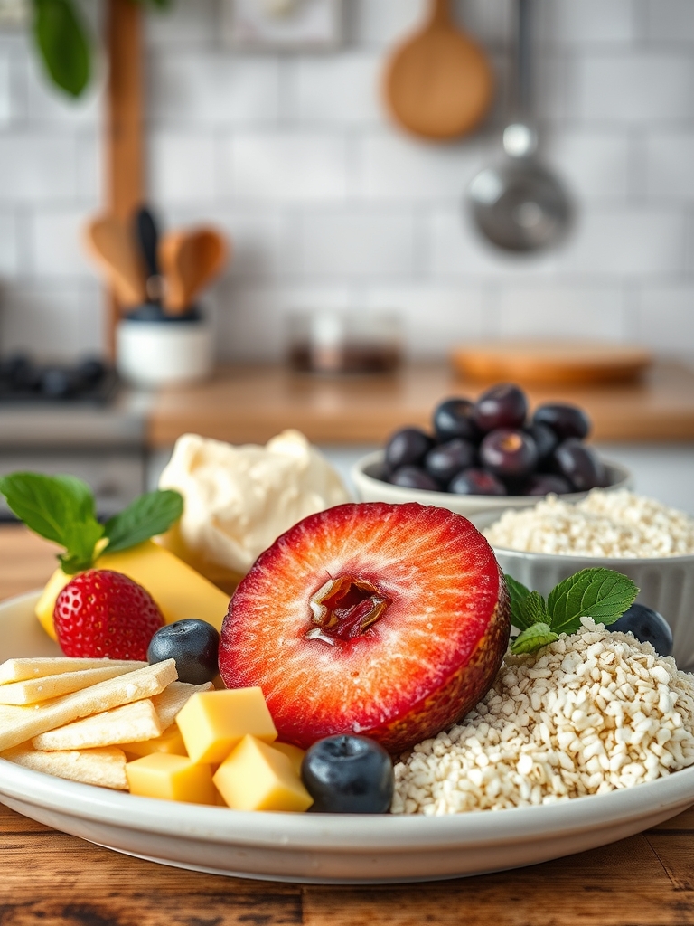 tigelas pequenas com banana amassada, maçã picada, farinhas sem glúten, frutas secas, nozes, ovos e canela sobre bancada clara