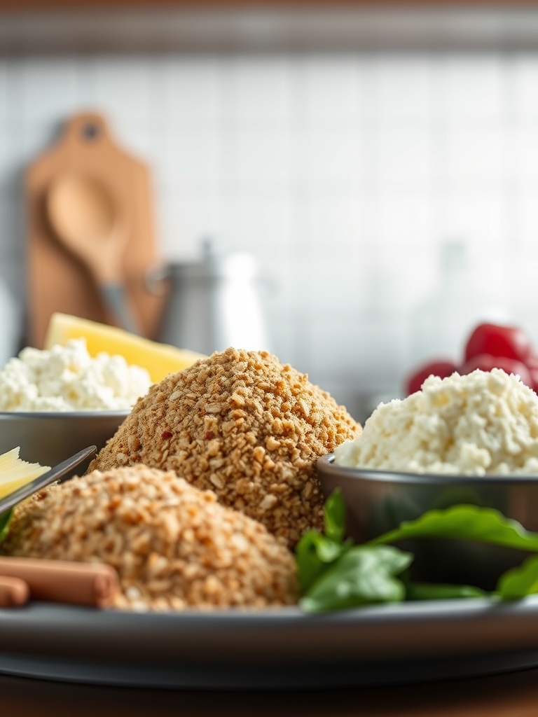 tigela com bananas maduras amassadas, ovos, farinha de aveia, cacau em pó, nozes picadas e leite sobre bancada clara