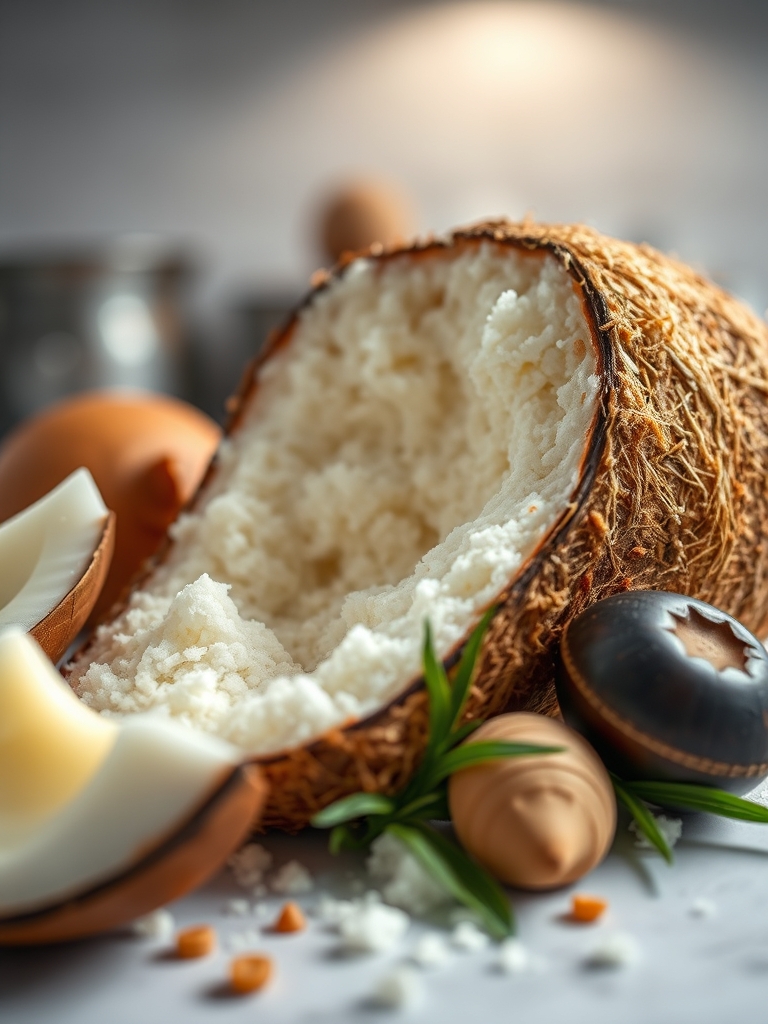 tigelas com ovos, farinha, leite de coco, açúcar, coco ralado e leite condensado sobre bancada clara