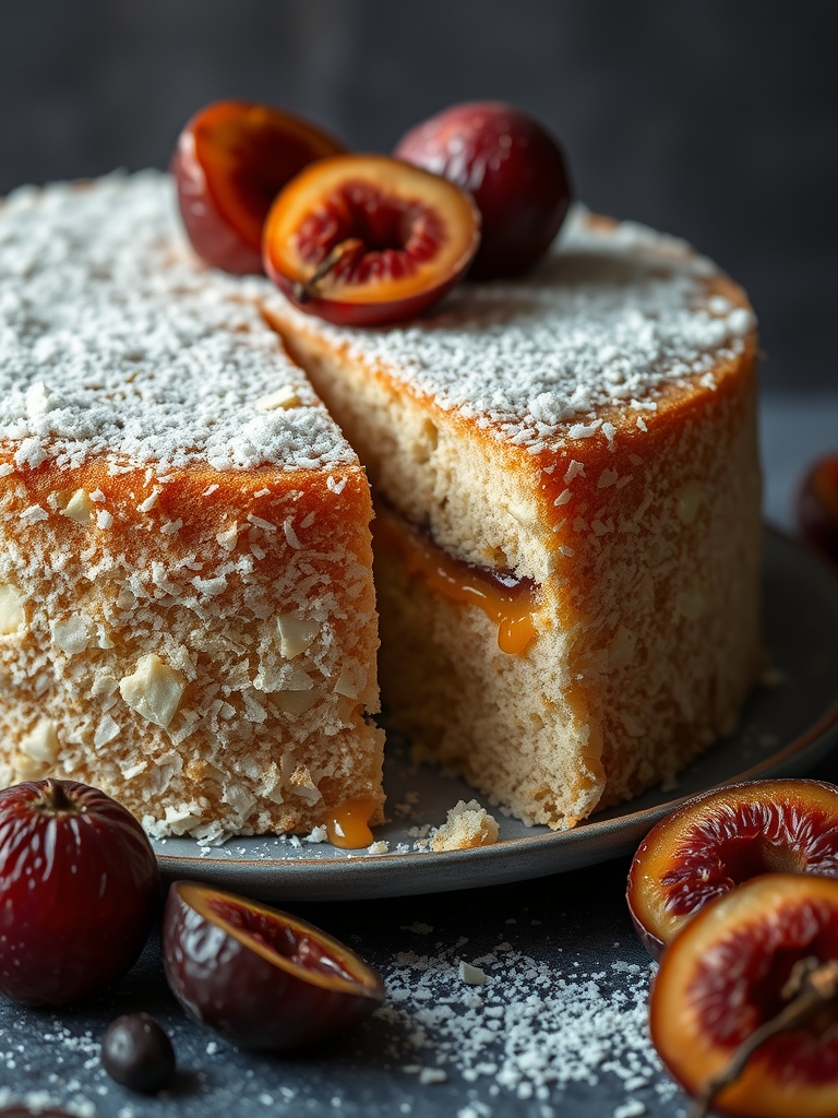 tigelas com ovos, farinha peneirada, coco ralado, doce de leite cremoso, ameixas secas e leite de coco sobre bancada clara