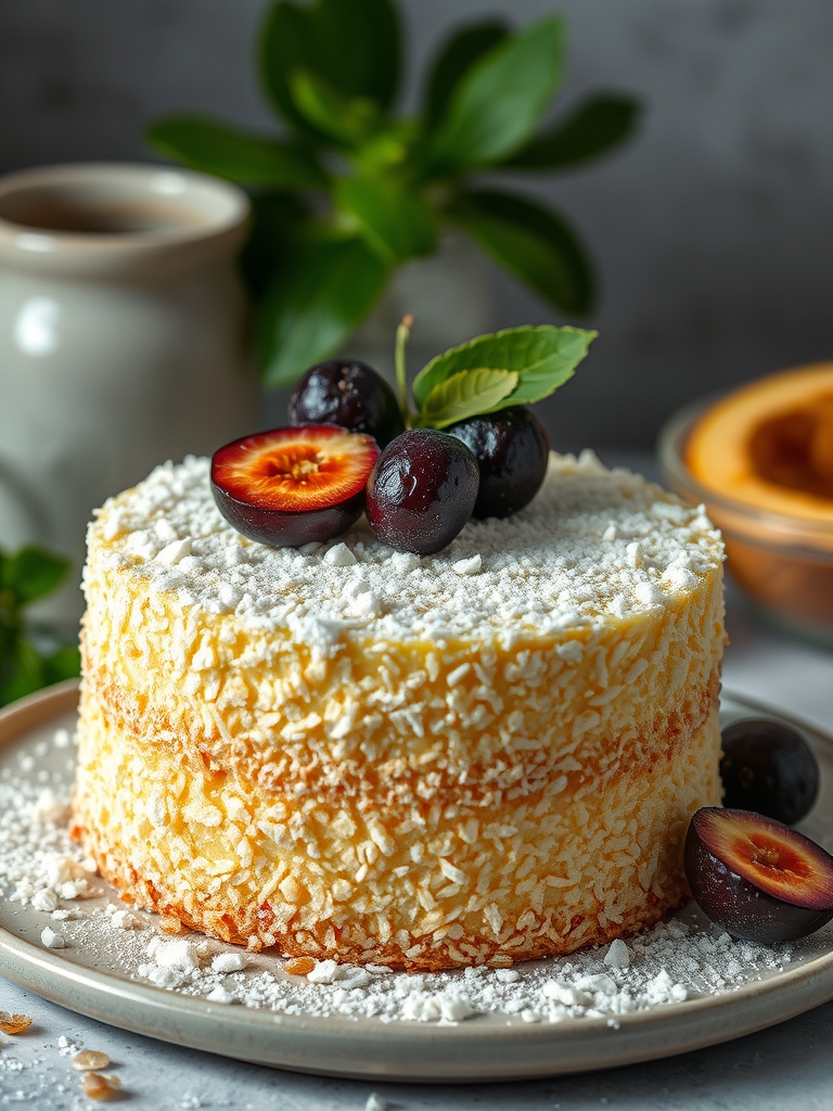 tigelas com ovos, farinha peneirada, coco ralado, doce de leite cremoso, ameixas secas, leite de coco e leite condensado sobre bancada clara