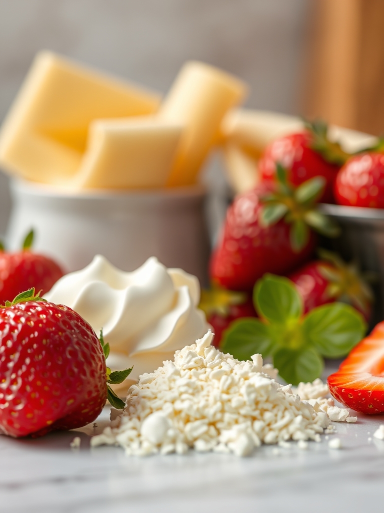tigelas com farinha, ovos, leite em pó, leite condensado, chantilly e morangos frescos sobre bancada clara para preparar bolo de aniversário