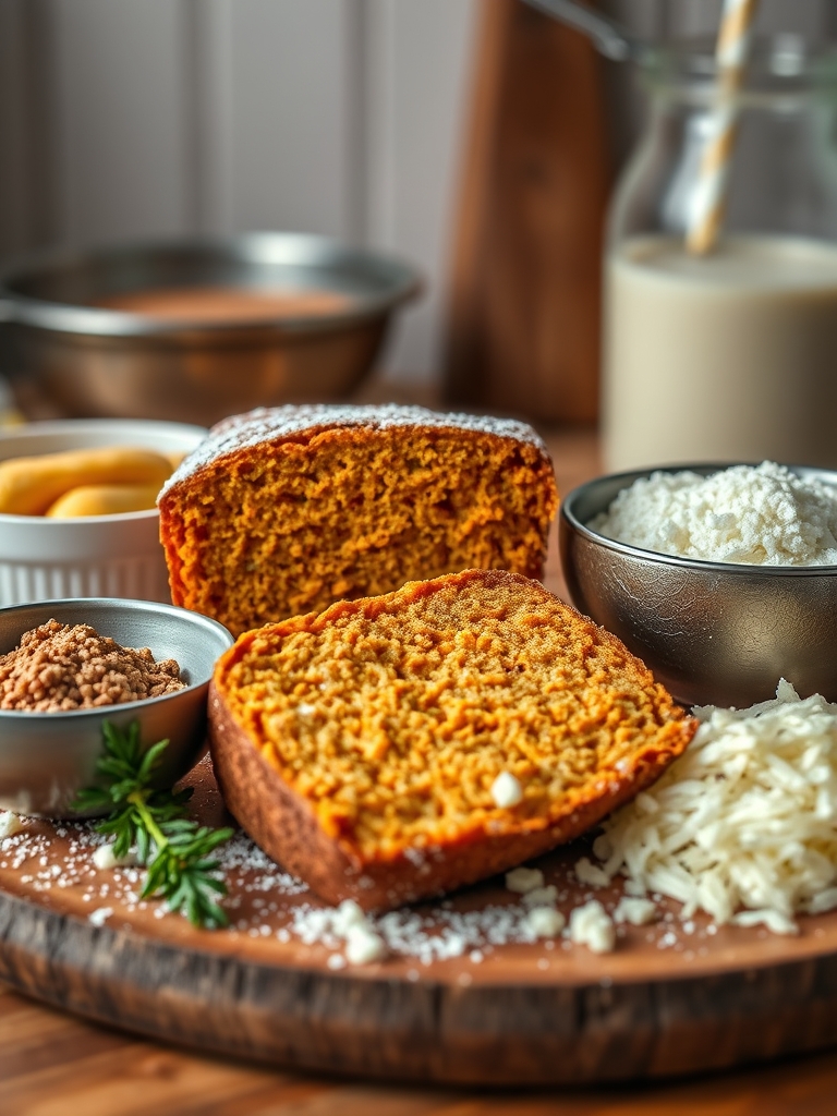 tigelas com batata-doce amassada, ovos, farinha de aveia, coco ralado, açúcar demerara, canela e óleo de coco sobre bancada clara