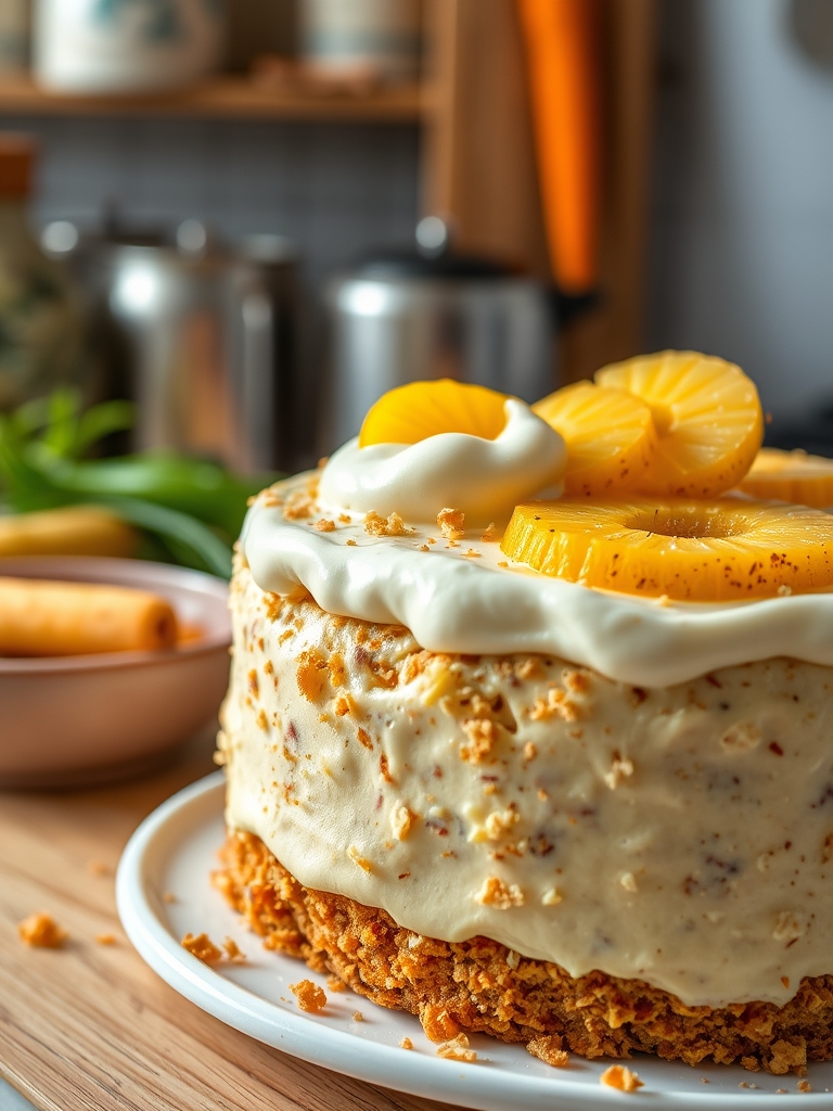 tigelas com cenouras picadas, abacaxi em calda, coco ralado, farinha, ovos e ingredientes da cobertura sobre bancada clara