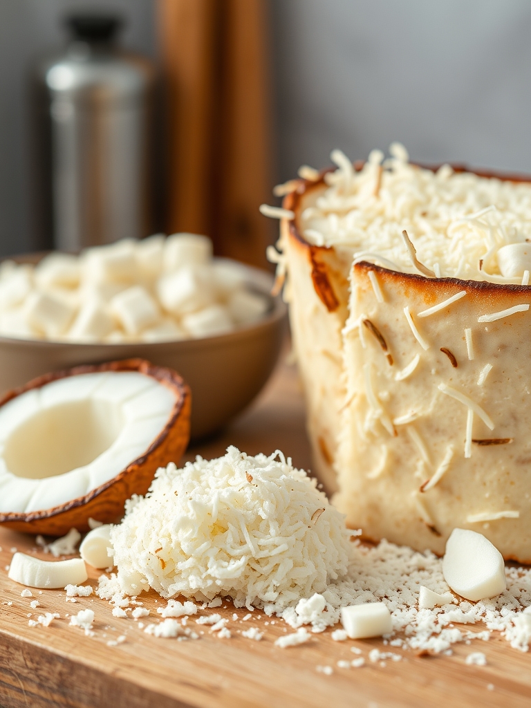 tigelas com ovos, leite condensado, leite de coco, farinha, açúcar e coco ralado sobre bancada clara