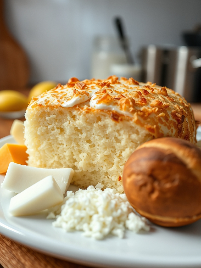 ingredientes para bolo de coco sobre bancada clara com ovos, farinha, coco ralado, leite condensado e leite de coco em potes separados