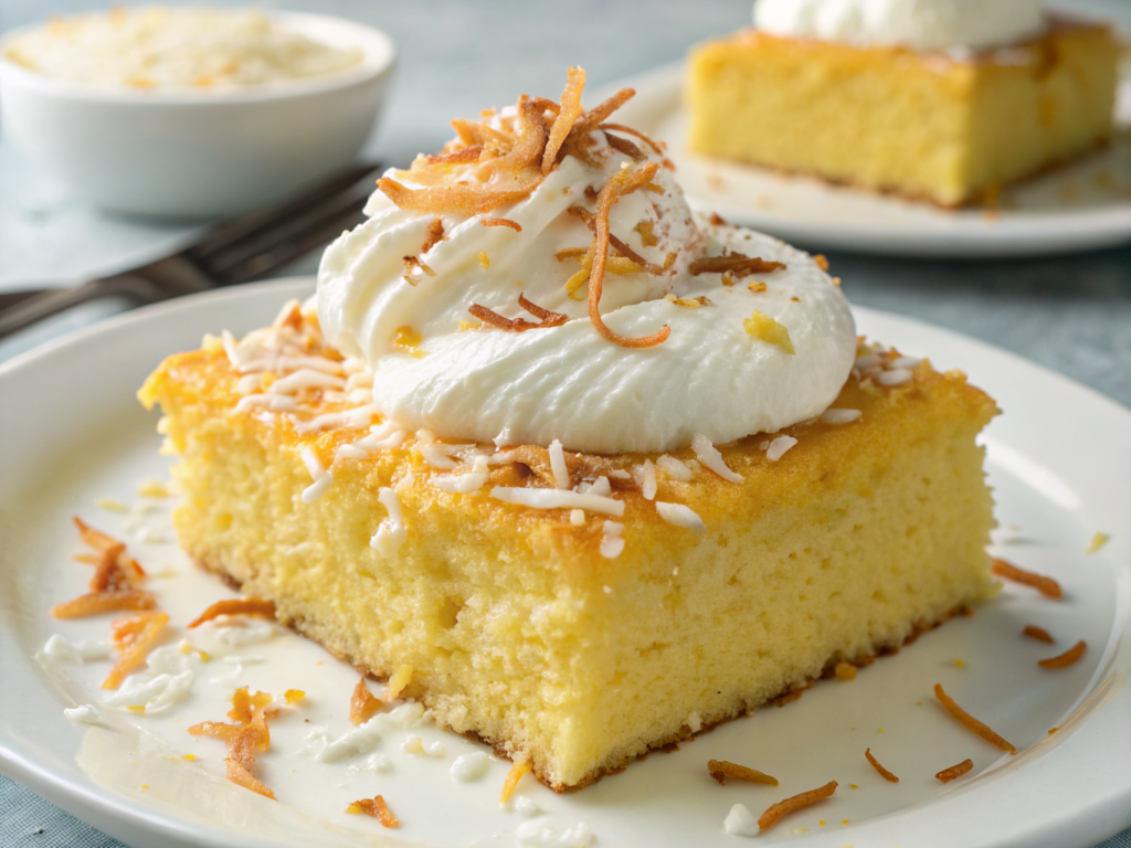 Bolo de fubá cremoso com creme de leite e coco