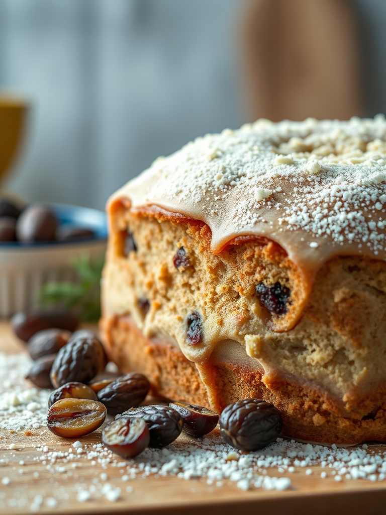 bananas maduras, ameixas secas picadas, aveia, farinha, ovos, leite e canela organizados sobre uma bancada clara para preparar bolo caseiro