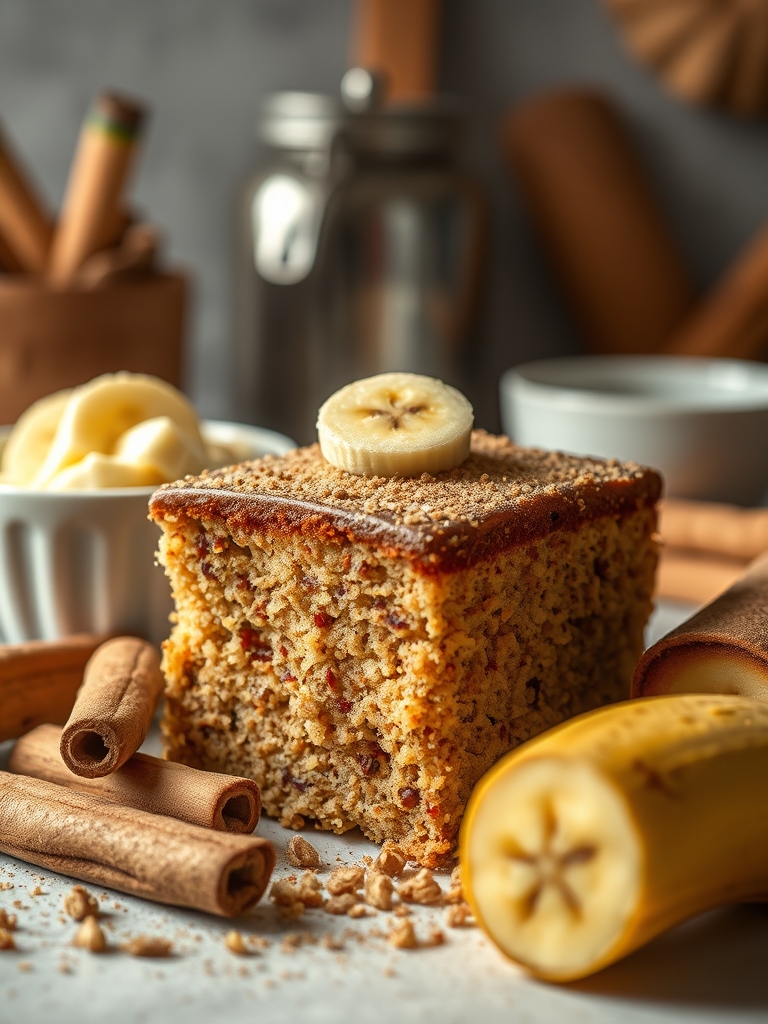bananas maduras, canela em pó, ovos, farinha, leite e nozes organizados sobre uma bancada clara para preparar bolo caseiro