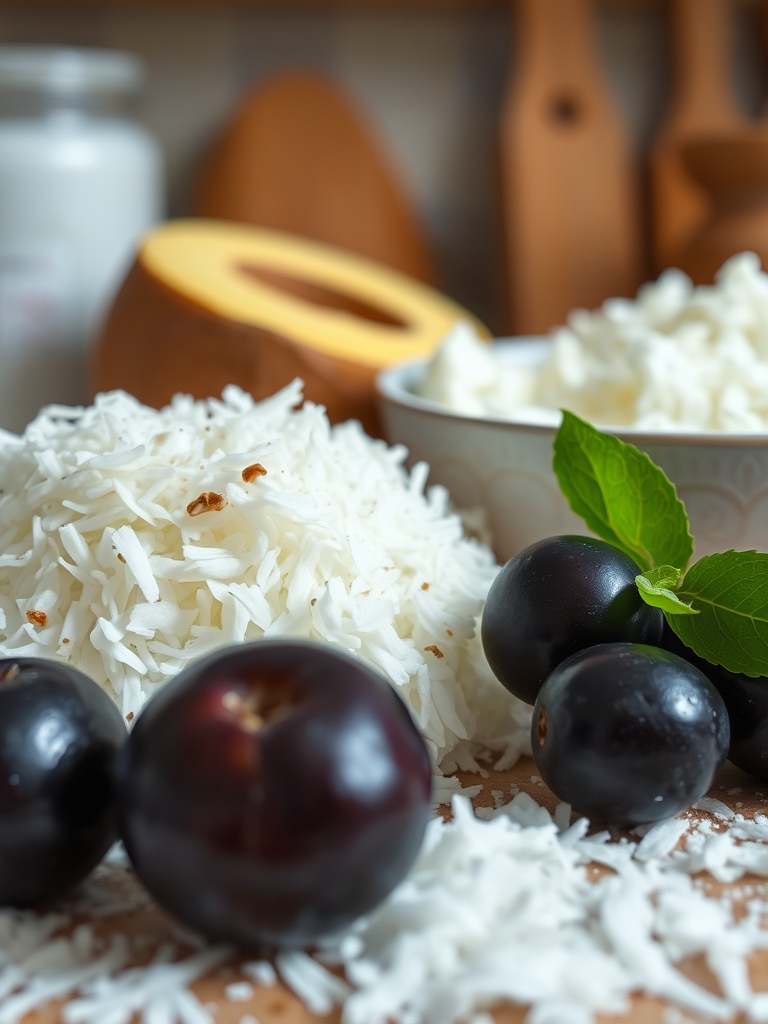 tigelas com farinha, coco ralado, ameixas picadas, ovos, leite de coco e açúcar sobre bancada clara