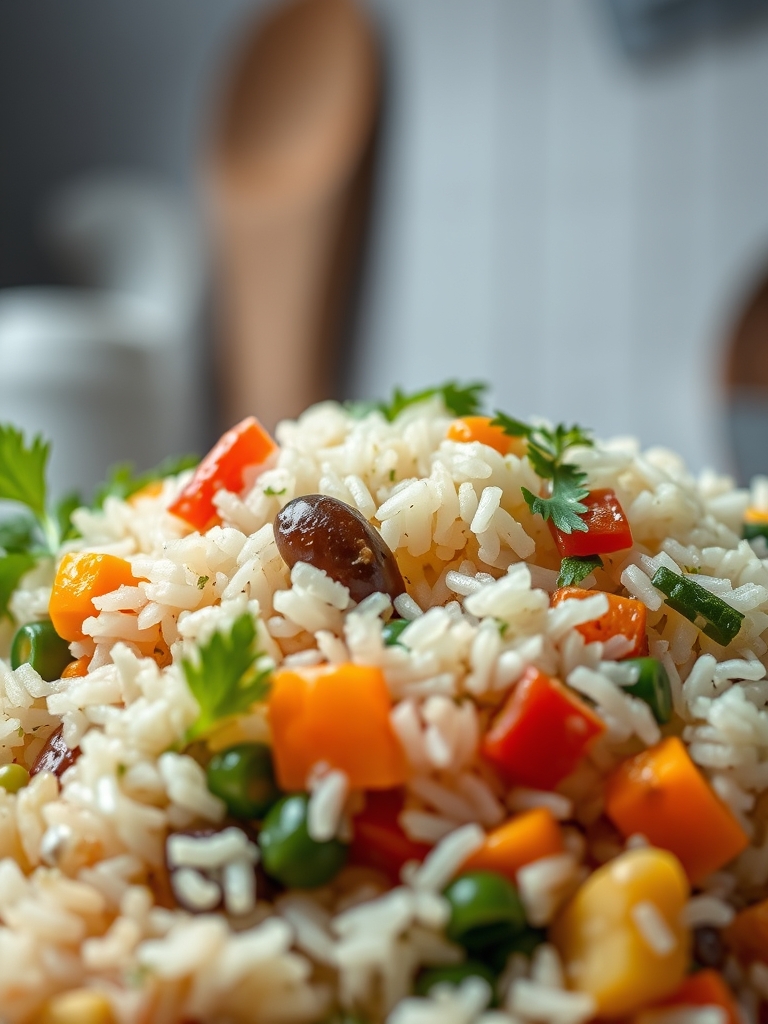 tigelas com arroz cru, cenoura em cubos, brócolis picado, abobrinha, milho, ervilha, pimentão vermelho e temperos sobre bancada clara
