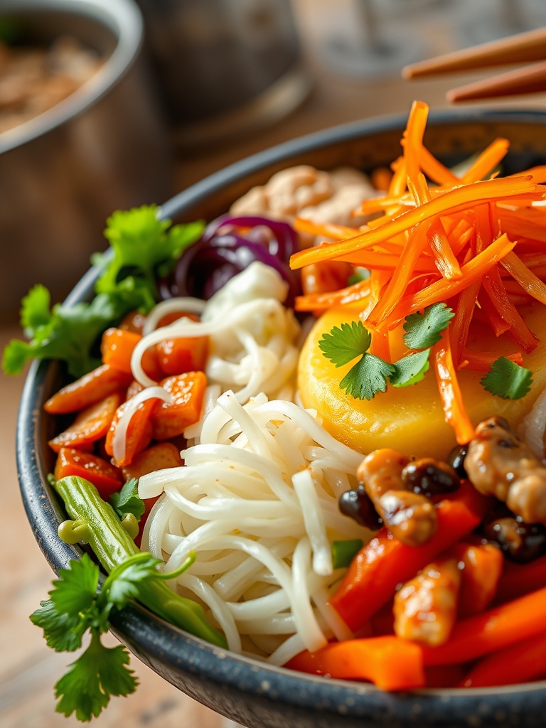 ingredientes separados para tigela coreana com arroz, legumes fatiados, carne em tiras, ovos, gochujang e gergelim sobre bancada clara