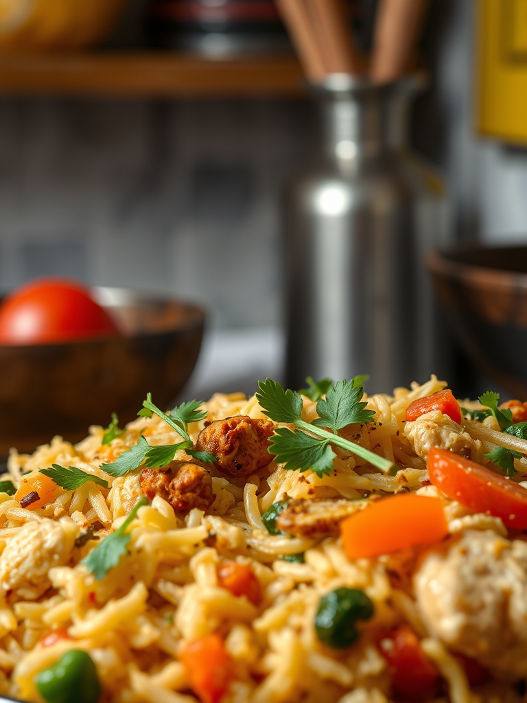 tigelas pequenas com arroz basmati, frango em cubos, iogurte, cebola fatiada, ervas frescas e especiarias indianas coloridas sobre bancada clara