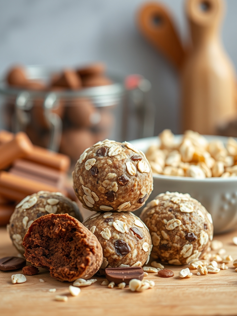 tigela com aveia, cacau em pó, pasta de amendoim, mel, chia, leite e proteína em pó sobre bancada clara