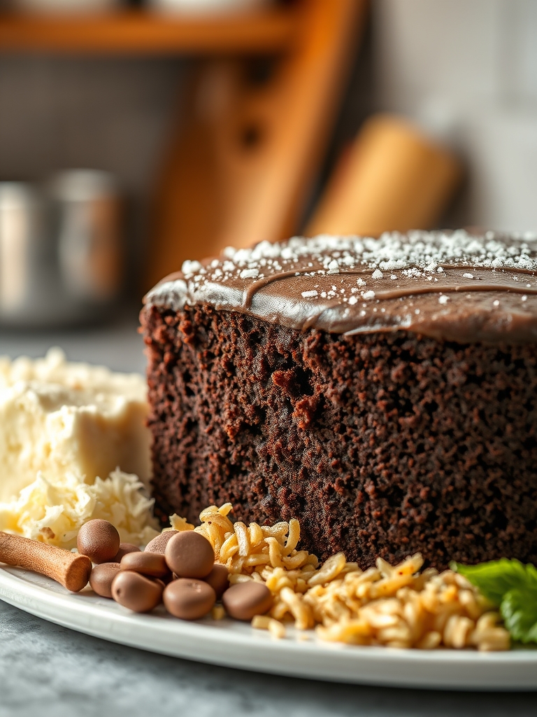 tigelas com farinha, chocolate em pó, ovos, leite, óleo, açúcar, manteiga, creme de leite e granulado sobre bancada clara