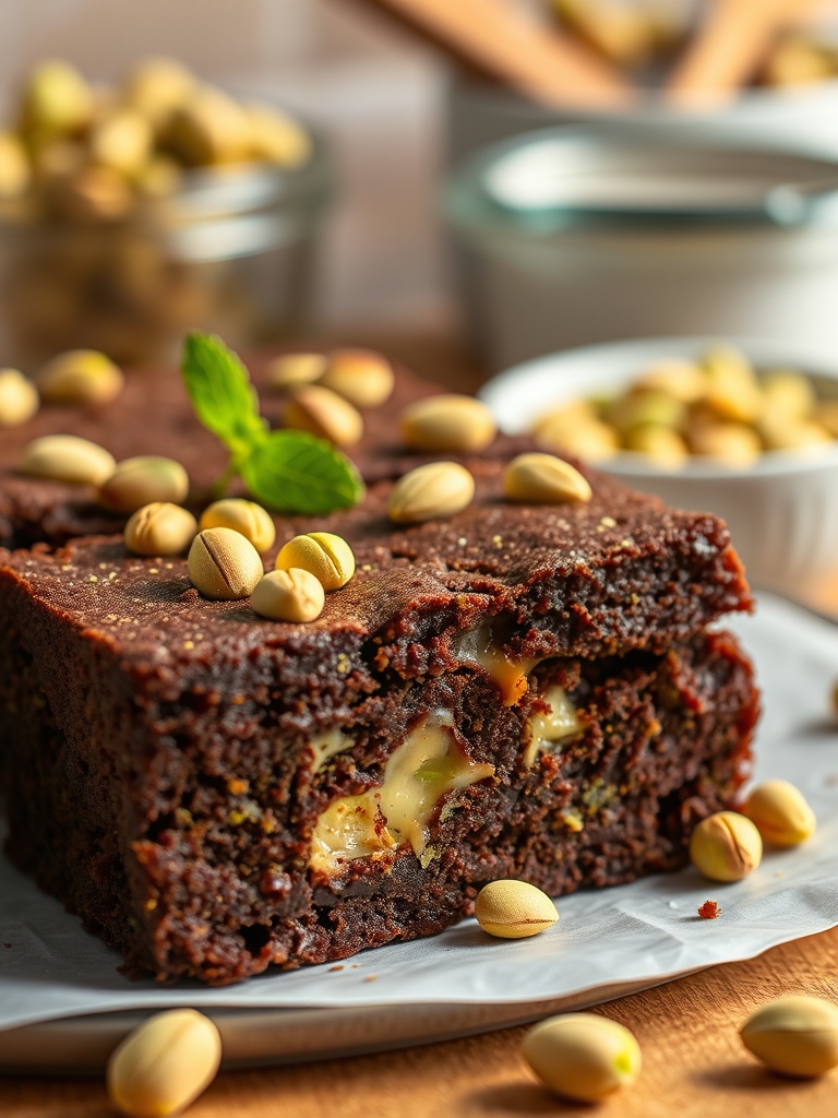 tigelas com chocolate picado, pistache triturado, creme de pistache, ovos, cacau em pó, manteiga e açúcares sobre bancada clara