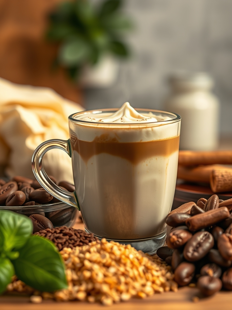 tigela com café solúvel, açúcar, água quente, copos de leite, gelo e canela prontos para preparar café batido cremoso