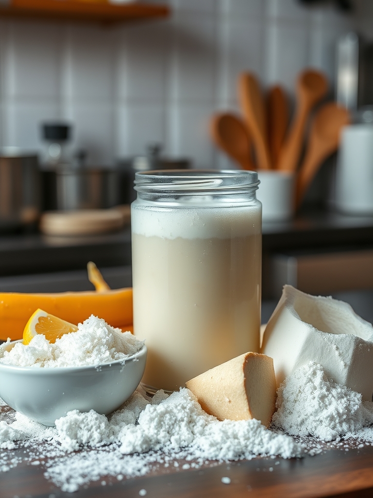 leite gelado, creme de leite fresco, açúcar de confeiteiro, baunilha e sal fino organizados sobre uma bancada clara para preparar espuma fria de café