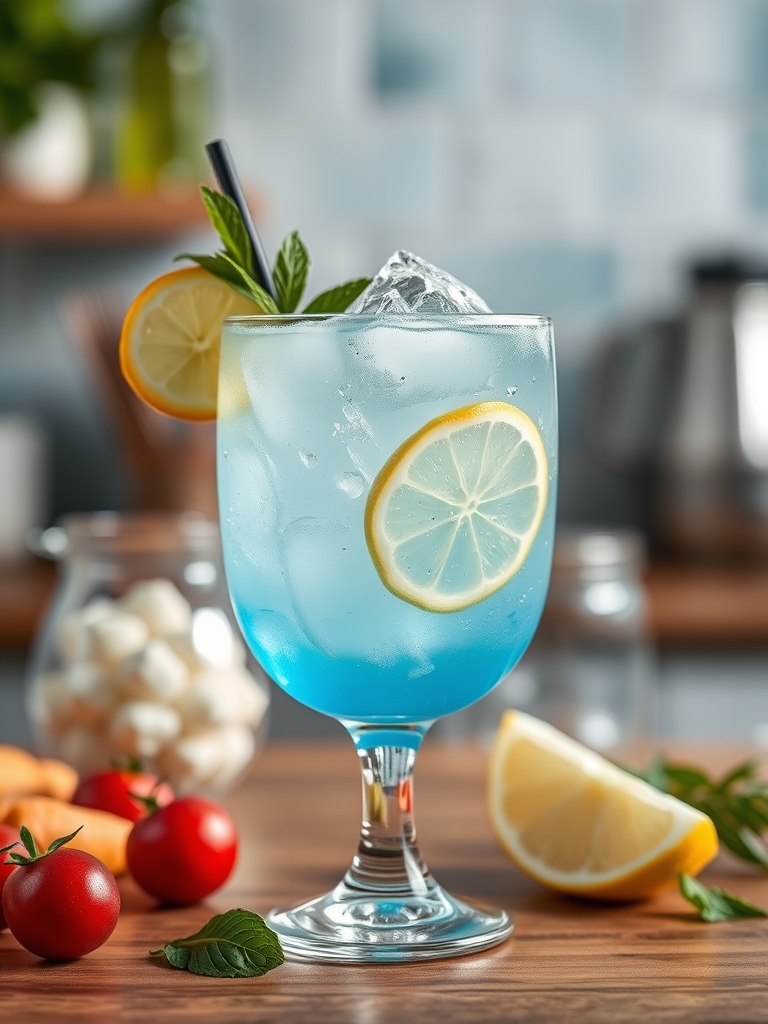 jarra com xarope azul, suco de abacaxi, leite de coco, limões, hortelã fresca e copos com gelo sobre bancada clara