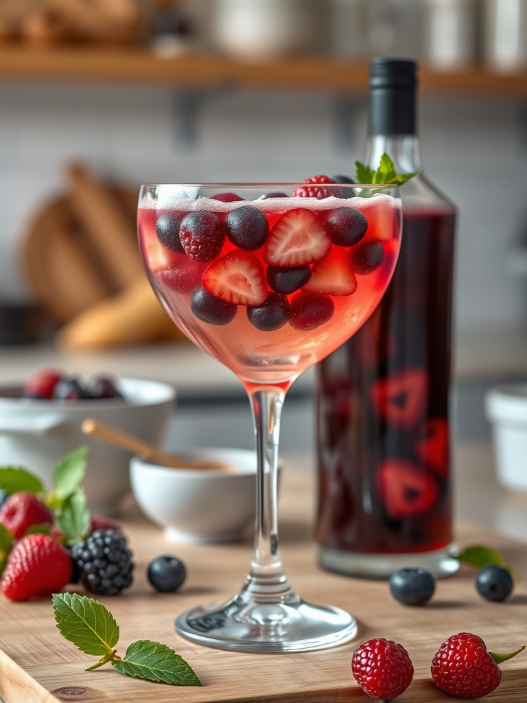 frutas vermelhas frescas, vinagre balsâmico, mel, laranja, hortelã, gengibre e gelo organizados sobre uma bancada clara
