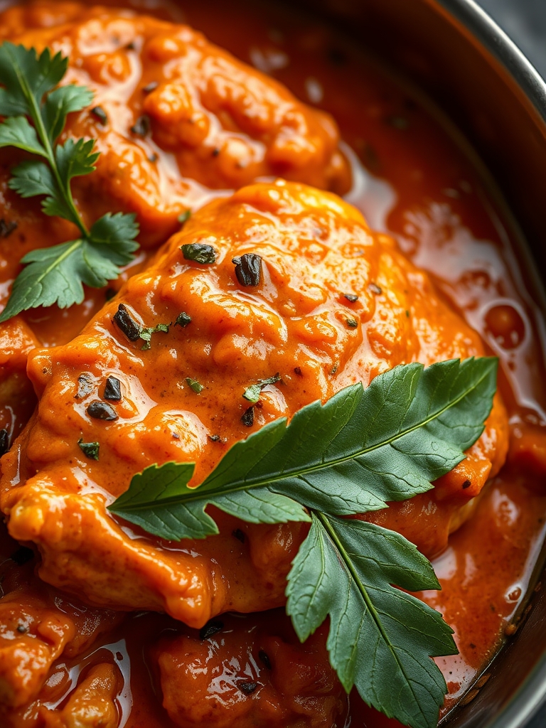 tigelas com cubos de frango cru, iogurte, tomate triturado, folhas de curry frescas, alho, gengibre e especiarias indianas sobre bancada clara