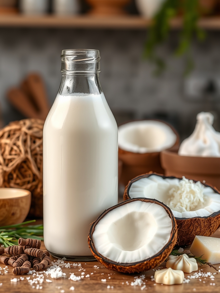 pote de vidro com água de coco, grãos de kefir, limão fatiado, açúcar demerara e sal sobre bancada clara
