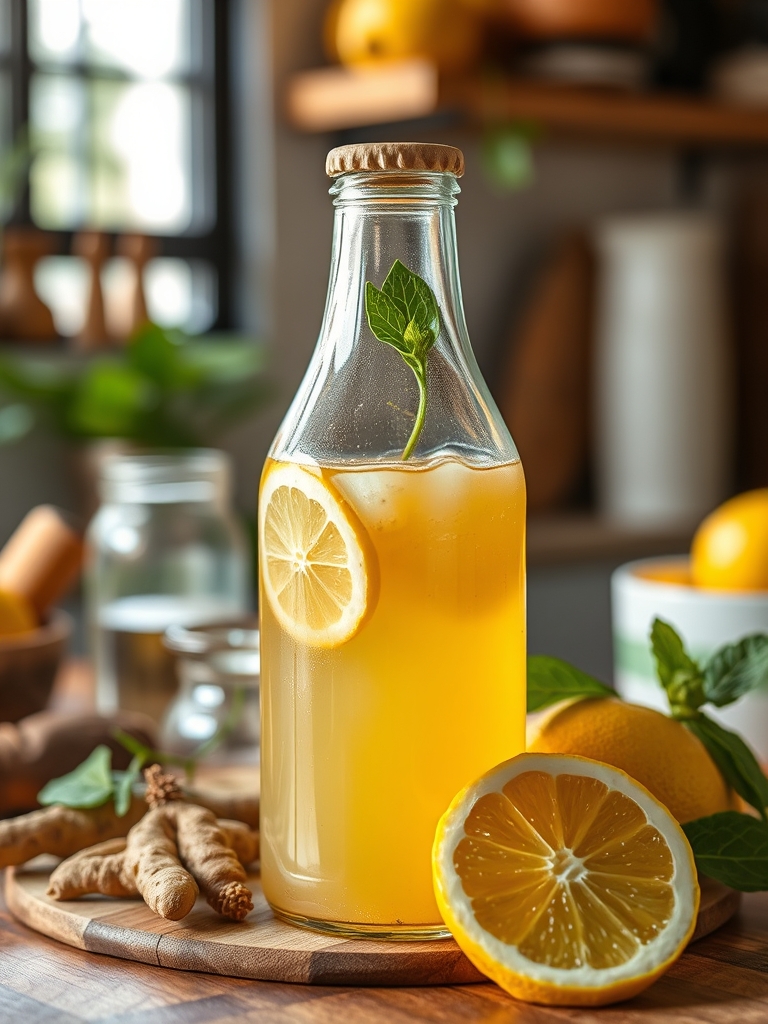 garrafas de vidro com kombucha, gengibre fresco ralado, limões cortados, hortelã e açúcar demerara sobre bancada clara