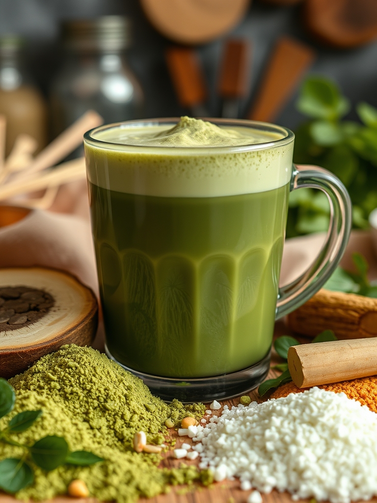matcha em pó peneirado, leite, mel, baunilha e batedor de bambu sobre bancada clara