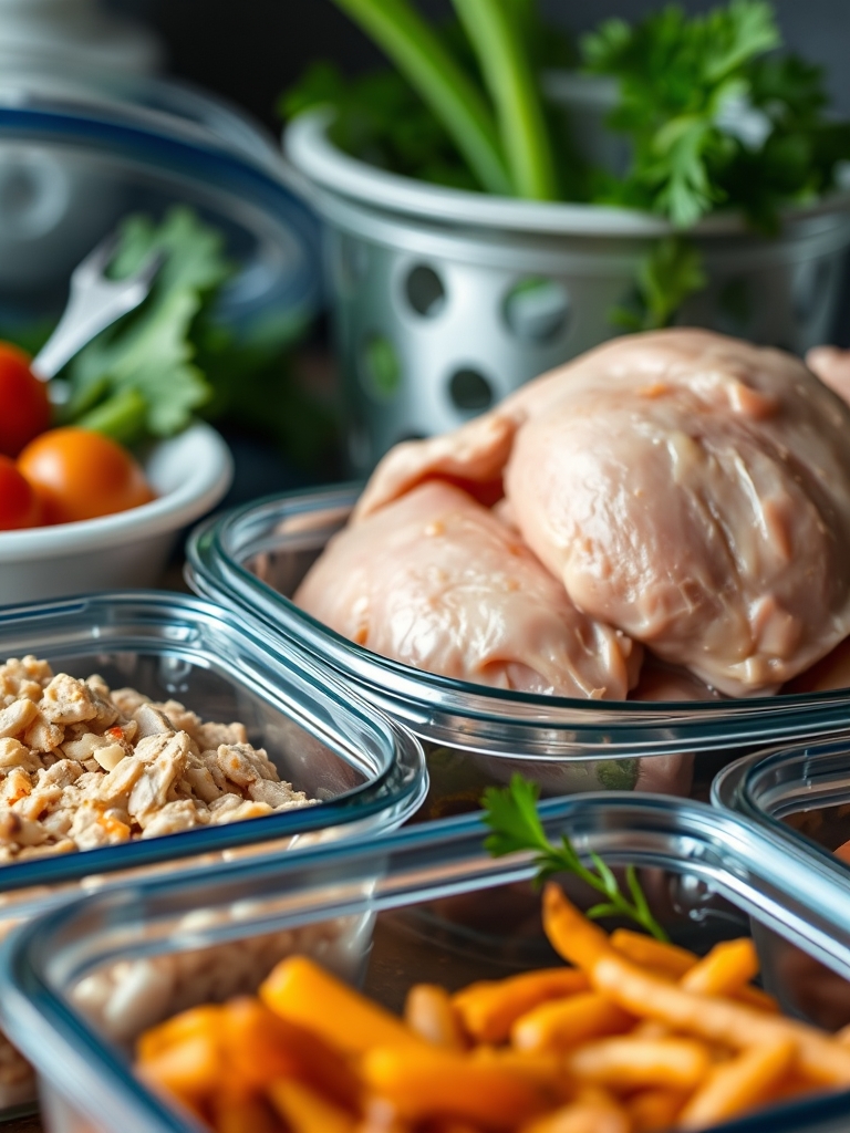 ingredientes separados sobre bancada clara com peito de frango em cubos, arroz integral, batata-doce, brócolis, cenoura, cebola, alho, azeite e temperos em potinhos