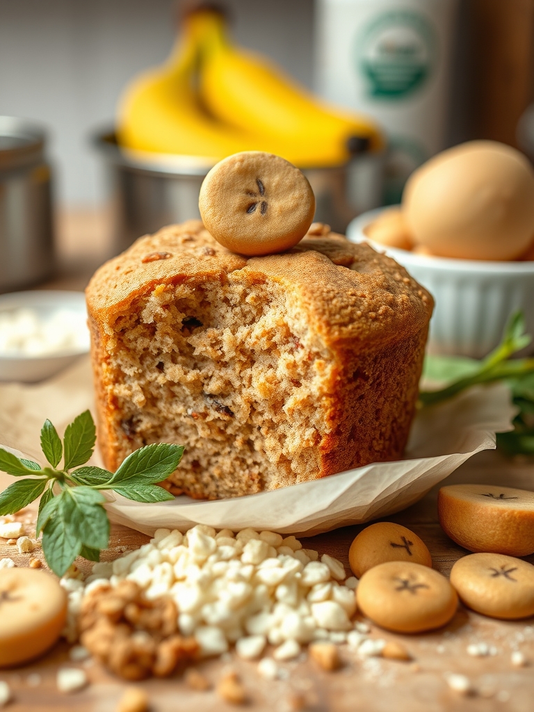 banana madura, ovo, aveia, whey protein, iogurte, canela e gotas de chocolate separados em potinhos sobre uma bancada clara