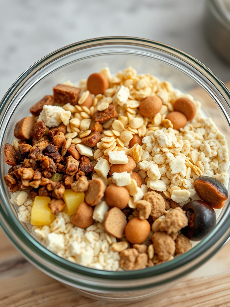 potes de vidro com aveia, leite, iogurte, chia, mel, frutas vermelhas e castanhas sobre uma bancada clara