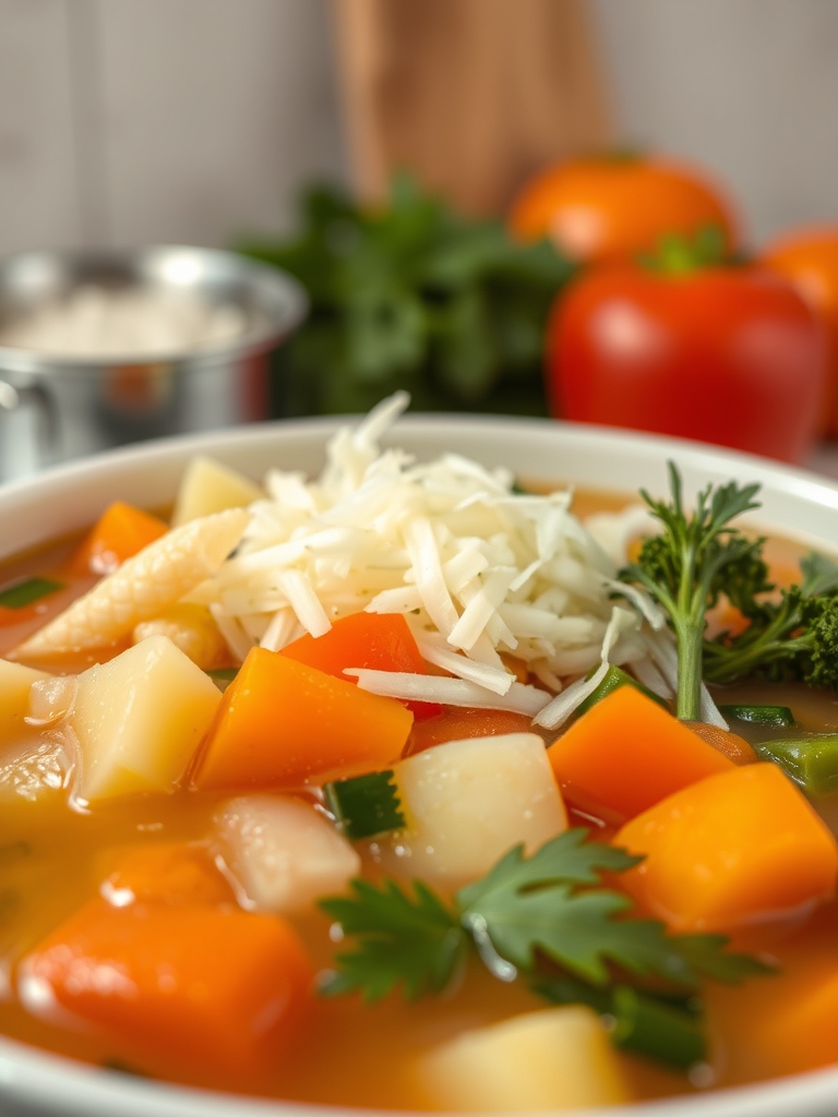 legumes cortados, lentilha vermelha, couve fatiada, creme de leite e temperos separados em tigelas sobre bancada clara