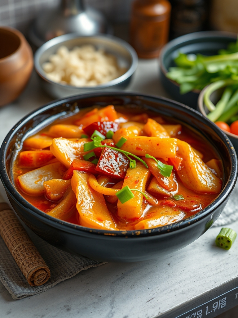 ingredientes coreanos organizados sobre bancada com bolinhos de arroz, pasta vermelha de pimenta, ovos cozidos, cebolinha e bolinhos de peixe fatiados
