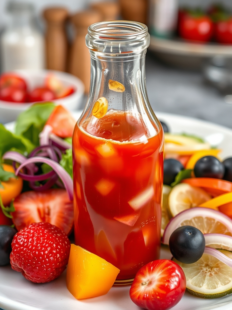 tigelas pequenas com manga, abacaxi, morango, maçã verde, cebola roxa, pimentão amarelo, coentro, azeite, limão e vinagre sobre bancada clara