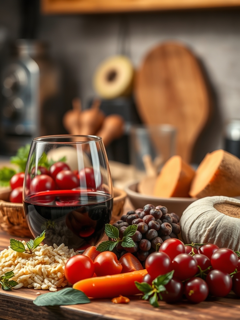 jarra de vidro com suco de uva escuro, hibisco, romã, limão-siciliano, canela, cravos, casca de laranja e uvas roxas sobre bancada clara